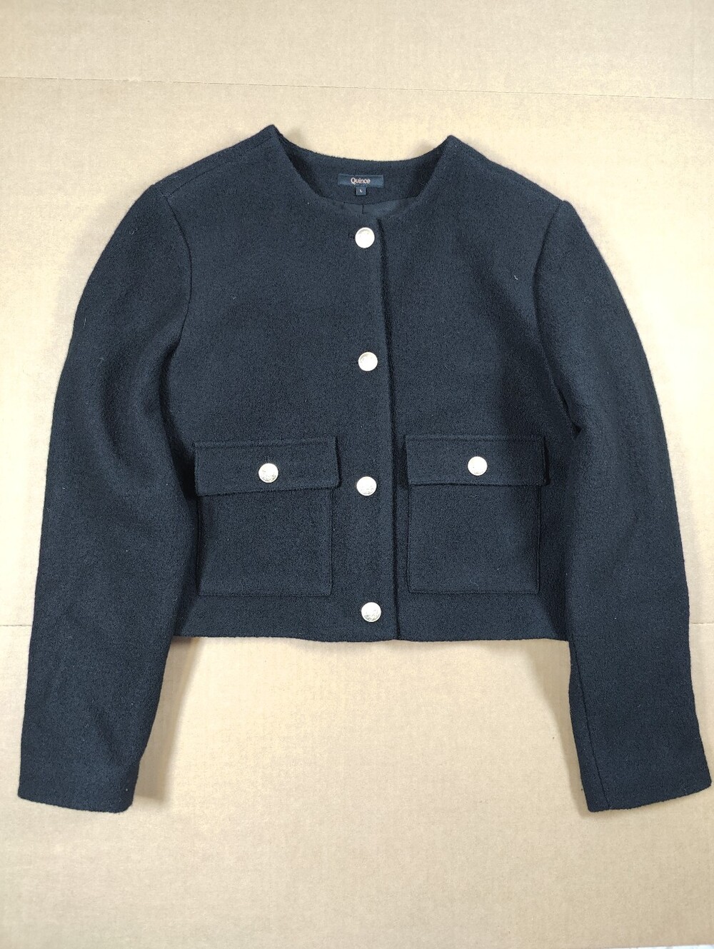 Quince Black 100% Merino Wool Collarless Cropped Gold Button Jacket Size L